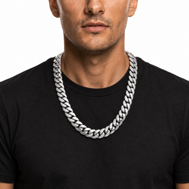 Male model wearing a 22mm stainless steel Miami Cuban chain in silver tone