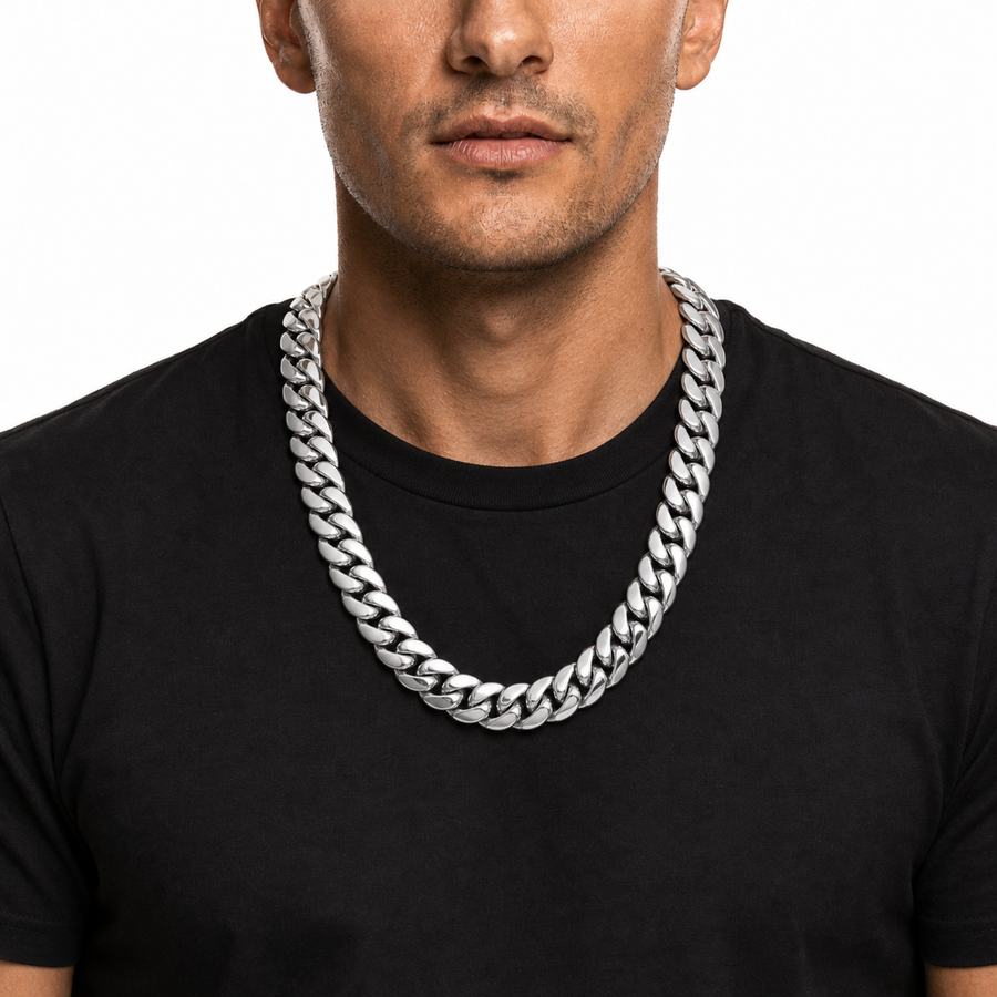 Male model wearing a 22mm stainless steel Miami Cuban chain in silver tone