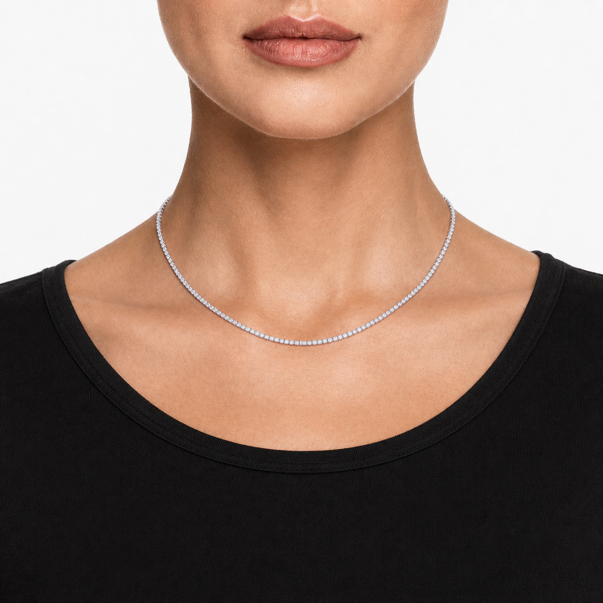 2mm iced CZ tennis chain on female model, 18 inch length