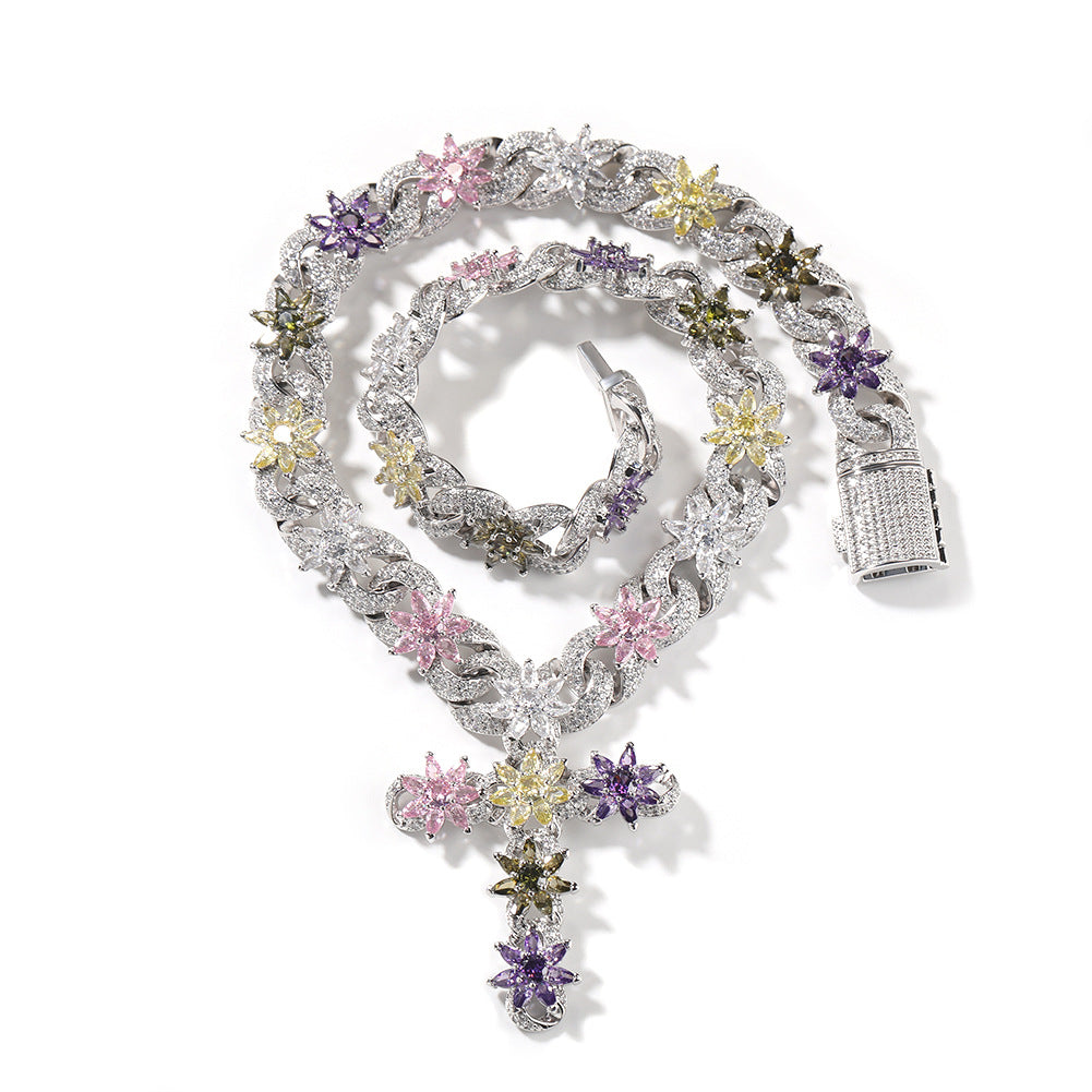 Iced out multicolor flower cross pendant necklace in silver finish