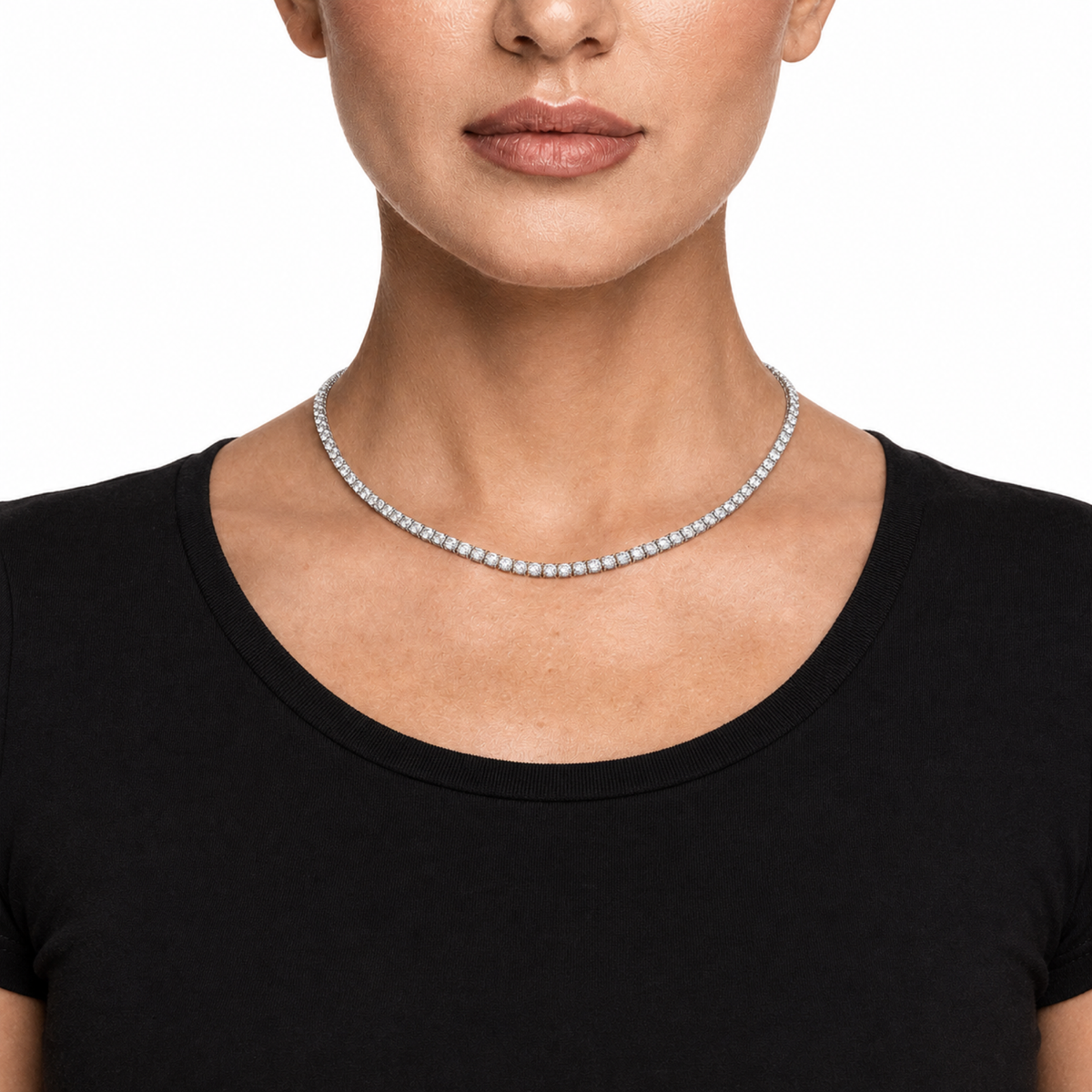 3mm iced CZ tennis chain on female model, 18 inch length