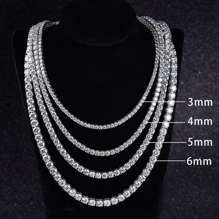 Silver-tone tennis necklaces on a black bust, comparing 3, 4, 5 and 6 mm widths
