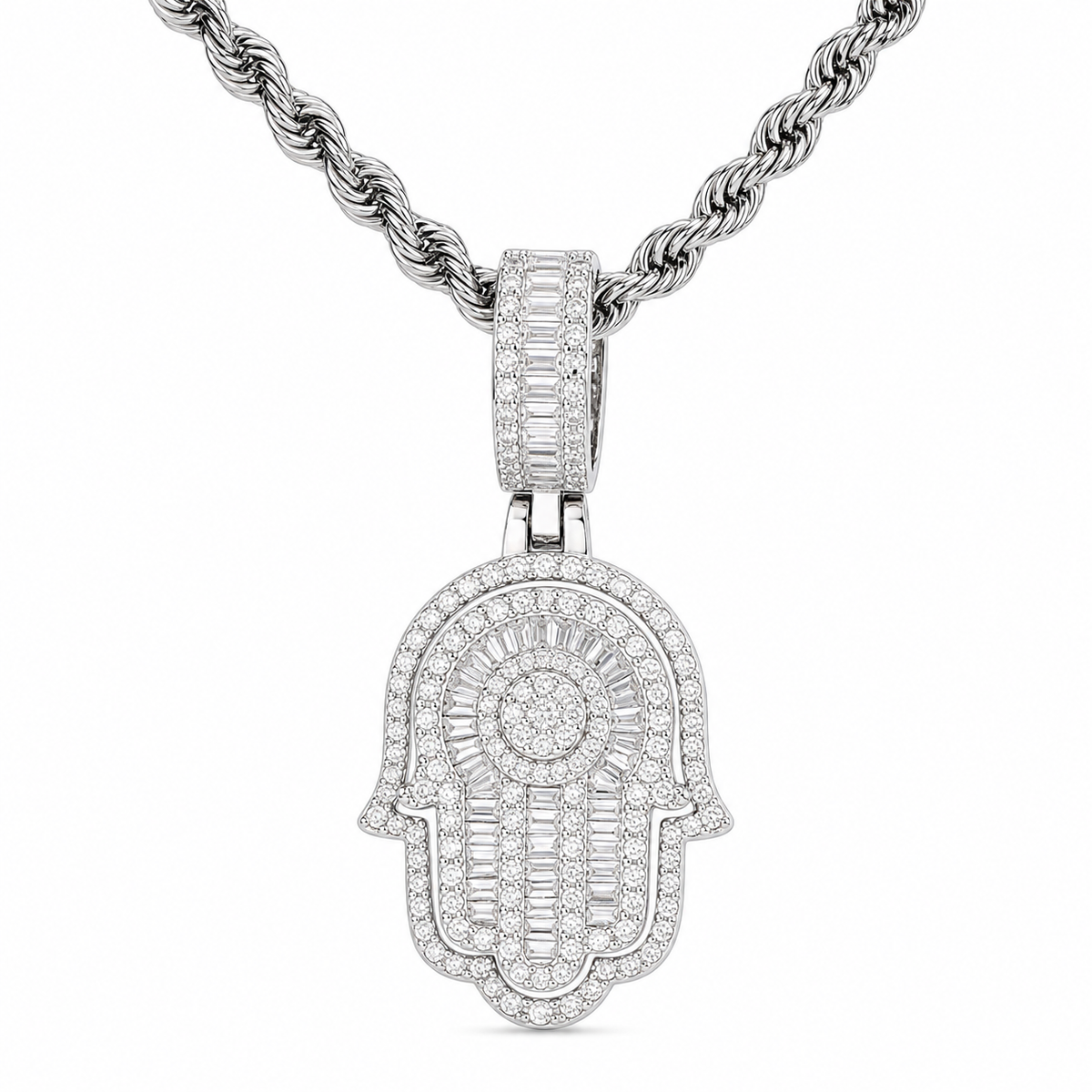 925 silver moissanite iced out Hamsa hand pendant in white gold