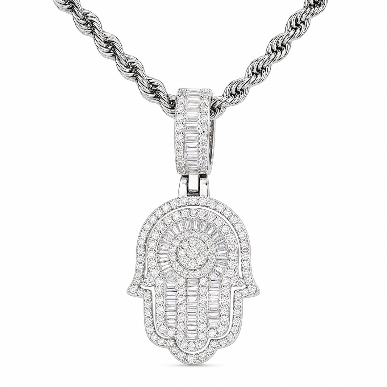 925 silver moissanite iced out Hamsa hand pendant in white gold
