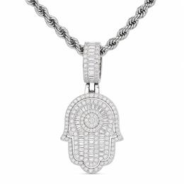 925 silver moissanite iced out Hamsa hand pendant in white gold