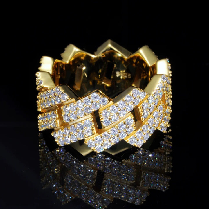 Gold-tone stone-set Cuban link ring showing the open link design