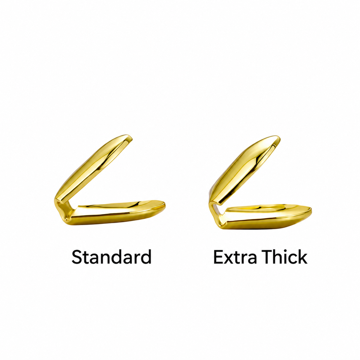 Standard and extra thick gold-tone single tooth grills compared in side profile