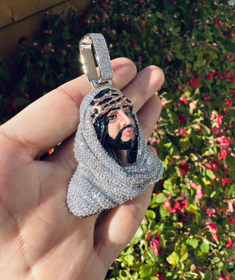 Iced Out 3D Jesus Bust Pendant - Enamel Finish- Miles Jewellery