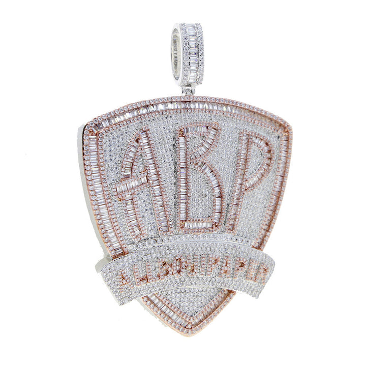 Silver-tone ABP shield pendant with pink-tone lettering