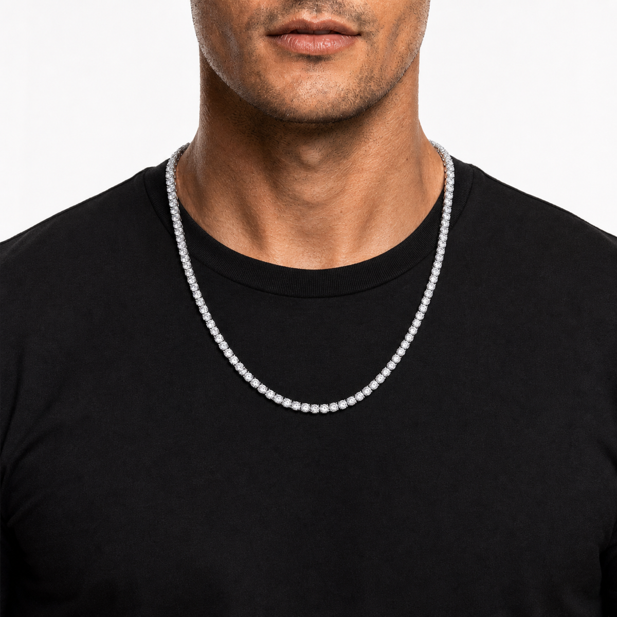 5mm iced CZ tennis chain on male model, 22 inch length