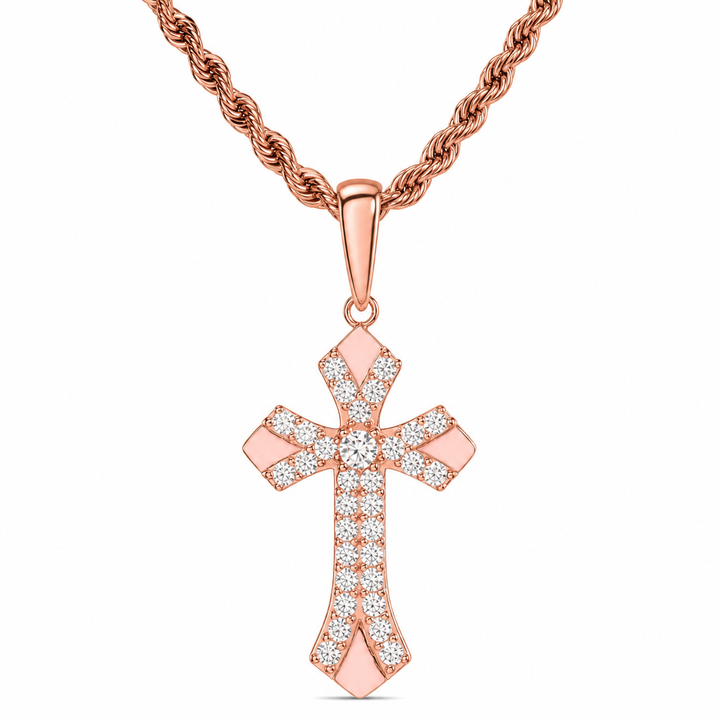 Pink-tone cross pendant with flared ends and clear stones on a rope chain