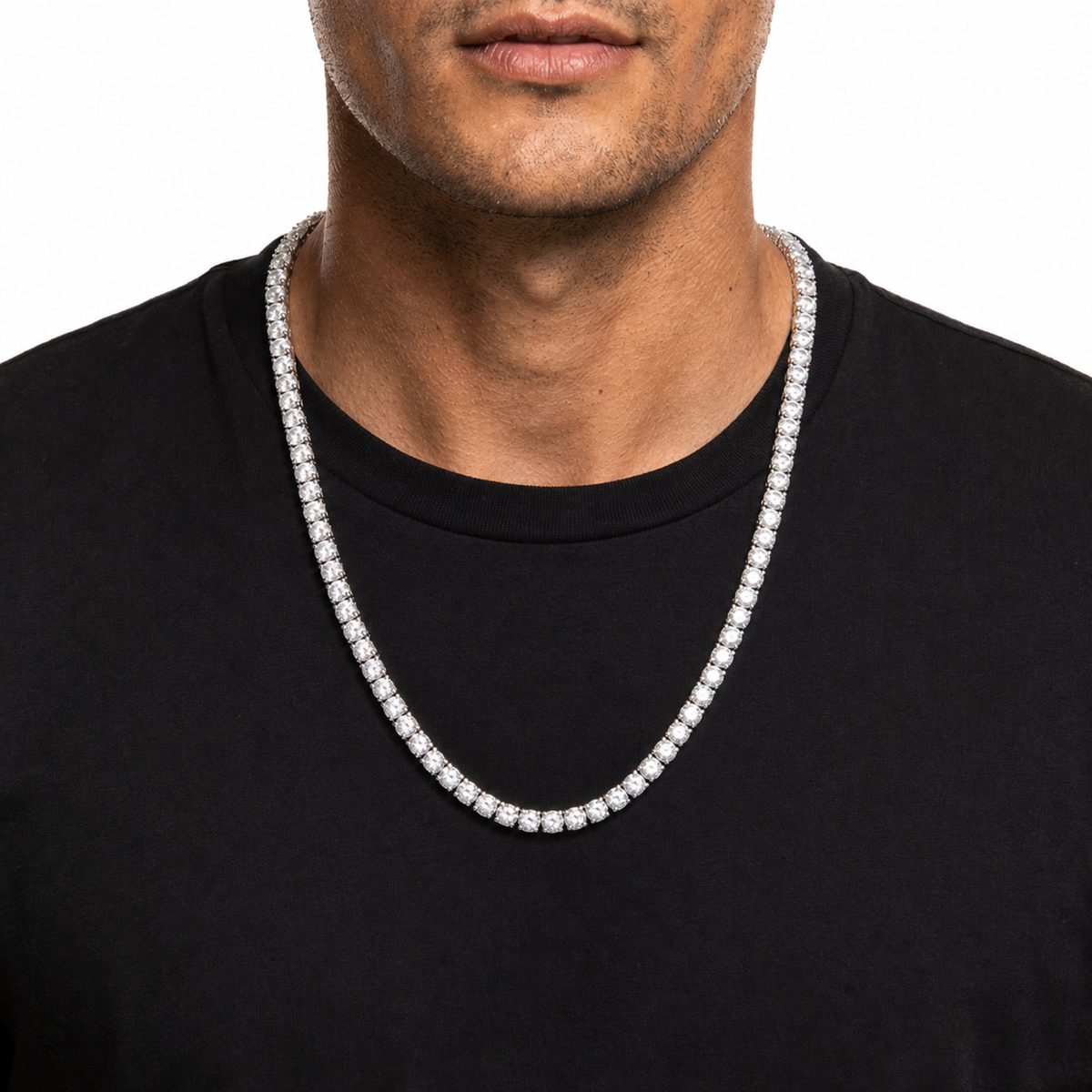 6mm iced CZ tennis chain on male model, 22 inch length