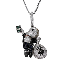 Iced out money bag pendant in multicolor silver finish
