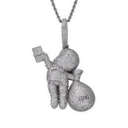 Iced out money bag pendant in silver finish