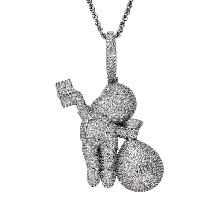 Iced out money bag pendant in silver finish