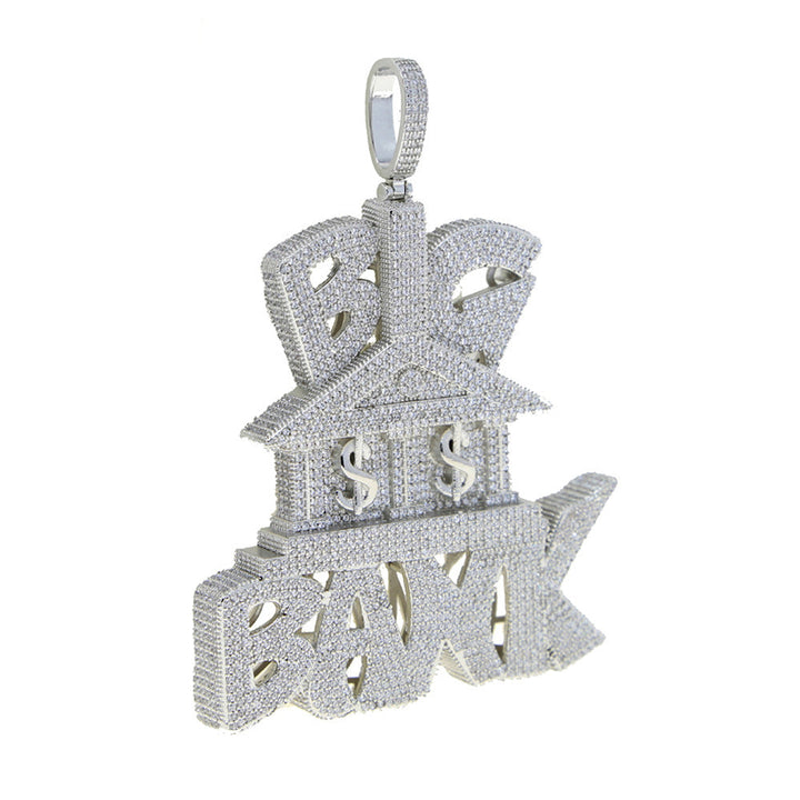 Silver-tone BIG BANK pendant with a building and dollar-sign design