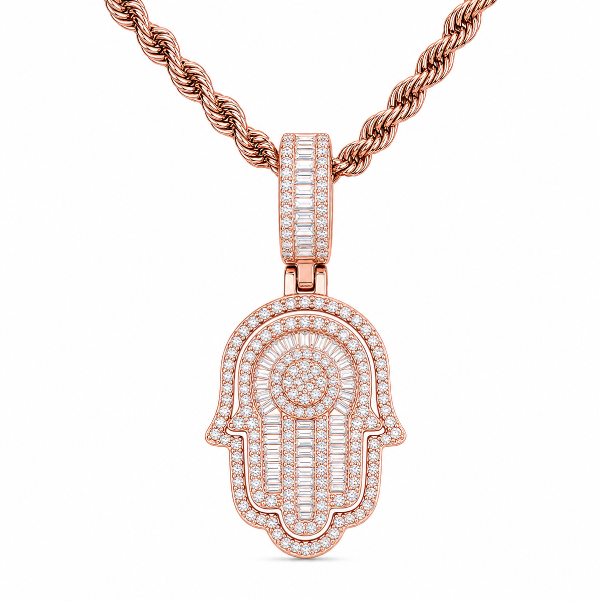 925 silver moissanite iced out Hamsa hand pendant in rose gold