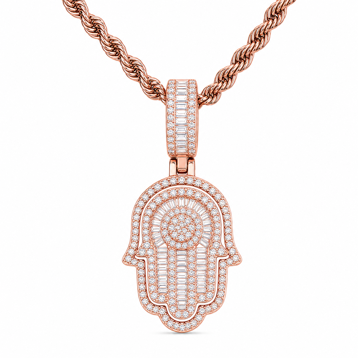 925 silver moissanite iced out Hamsa hand pendant in rose gold