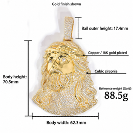 Gold Jesus portrait pendant measurement card with body and bail dimensions in mm