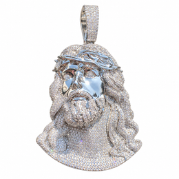 Silver-tone Jesus portrait pendant with a stone-set beard and bail on white