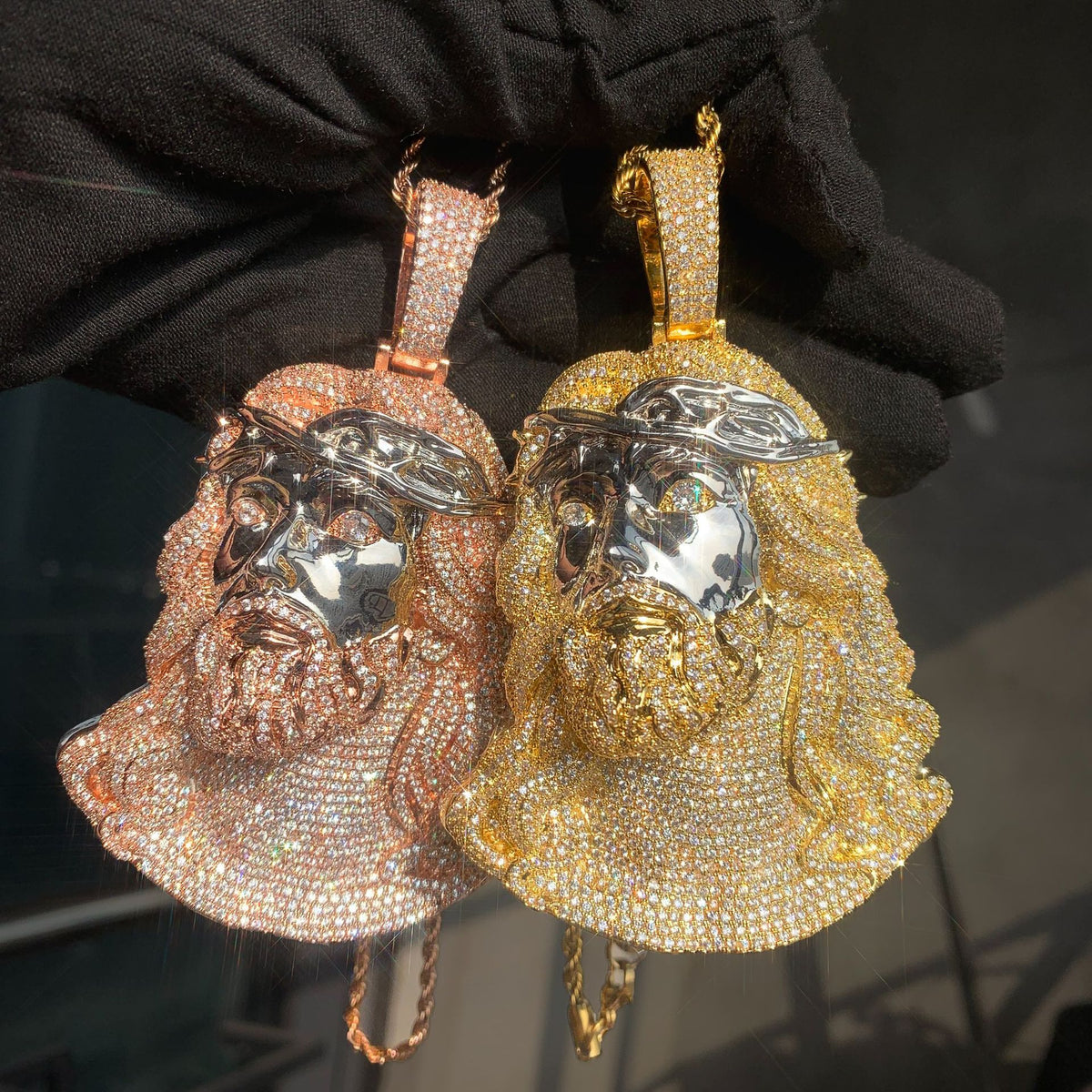 Two-tone Jesus portrait pendants with stone-set beards and bails