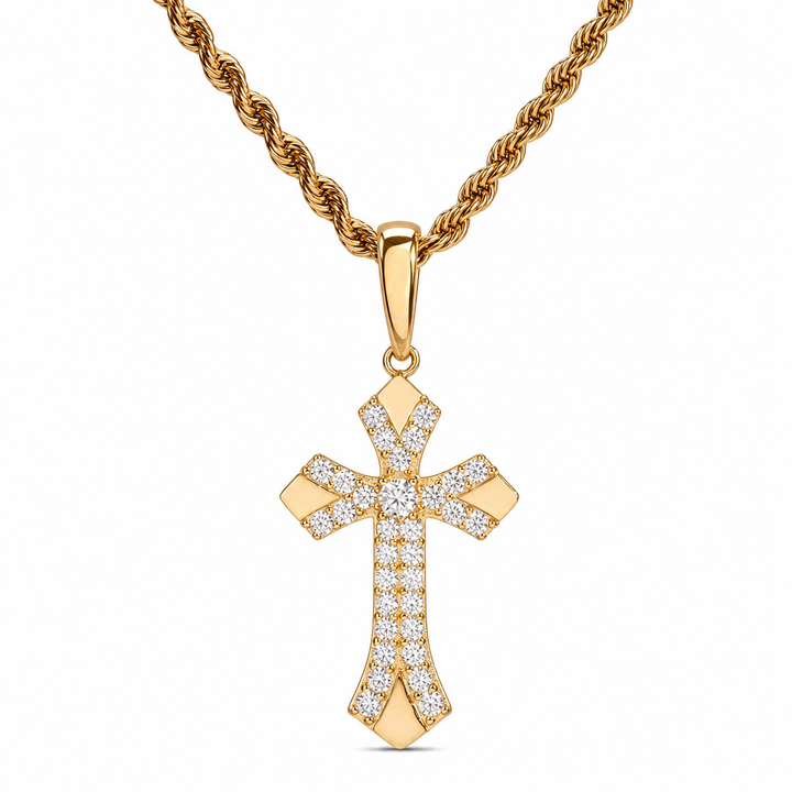 Gold-tone cross pendant with flared ends and clear stones on a rope chain