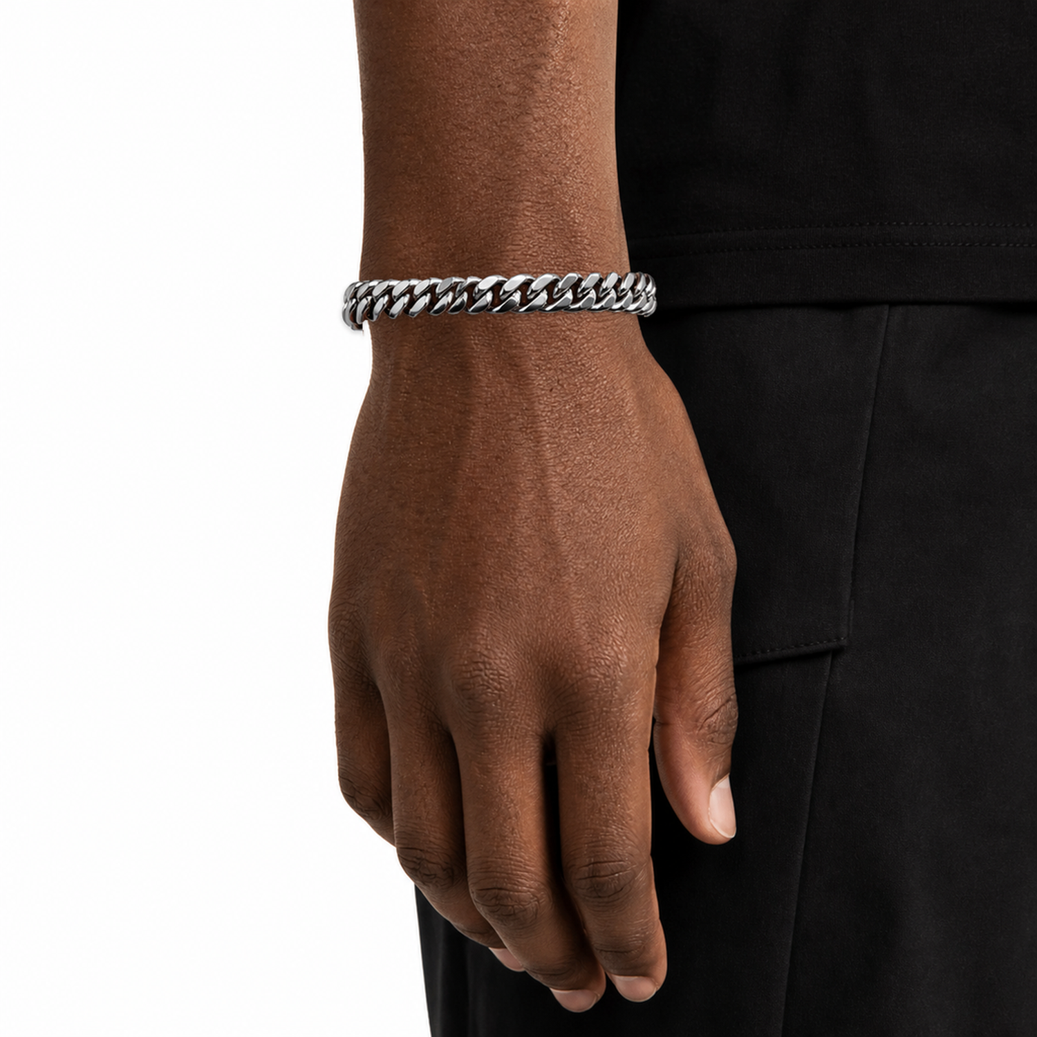 8mm steel Miami Cuban link bracelet on Miles MJ-WM01 wrist-fitted model v2