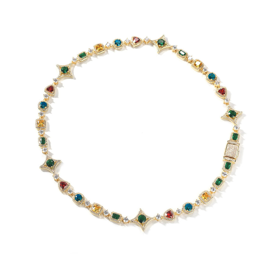 Gold colorful CZ geometric chain necklace on white background