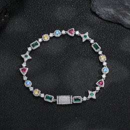 Silver-tone multicolor geometric bracelet on a dark surface