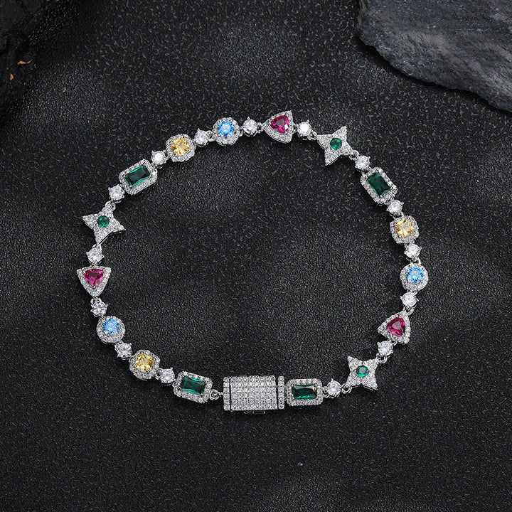 Silver-tone multicolor geometric bracelet on a dark surface