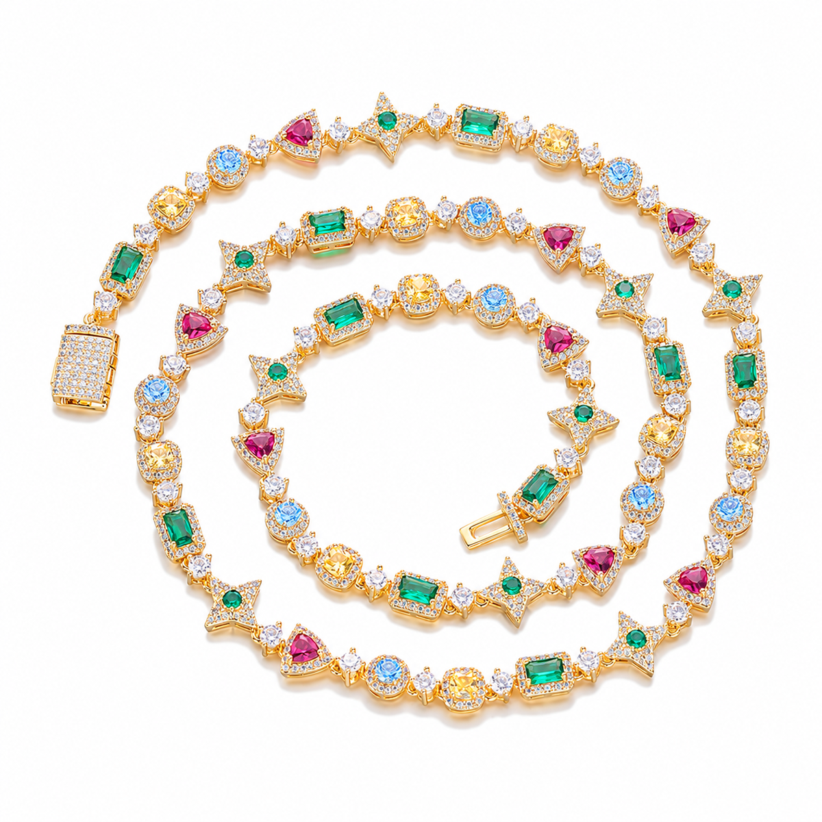Gold-tone multicolor geometric necklace on white