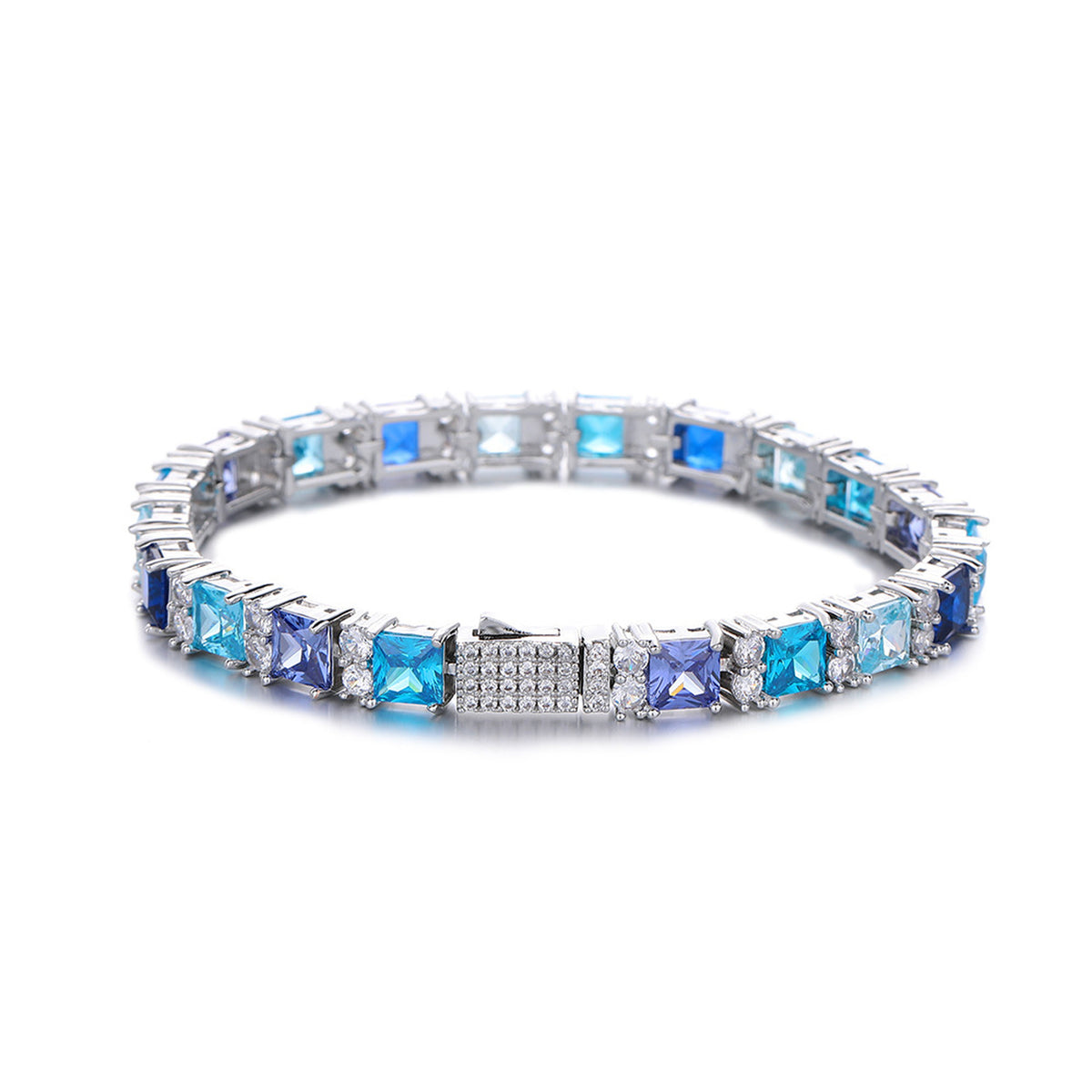Silver-tone multicolor square-cut tennis bracelet on white