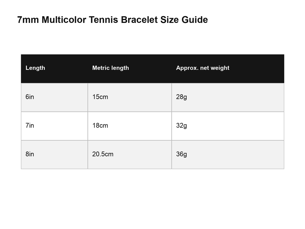 English size guide for the multicolor tennis bracelet