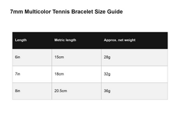 English size guide for the multicolor tennis bracelet
