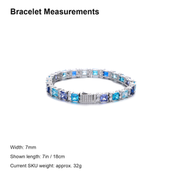 Silver-tone multicolor tennis bracelet with English measurement details