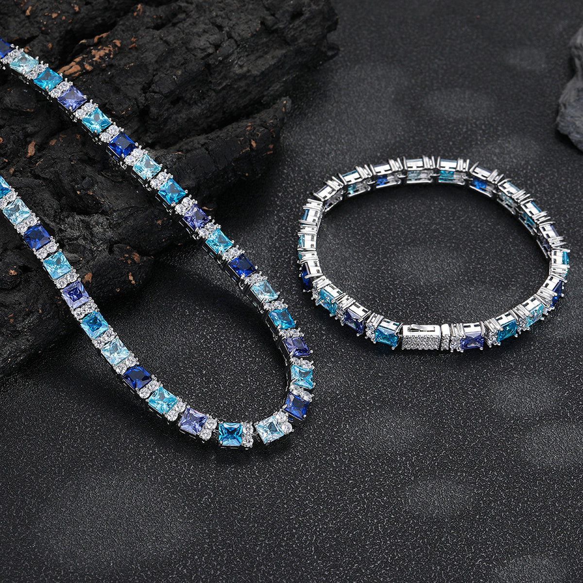 Multicolor tennis necklace and matching bracelet on black stone