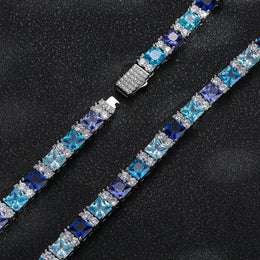 Close-up of two multicolor square-cut tennis chains