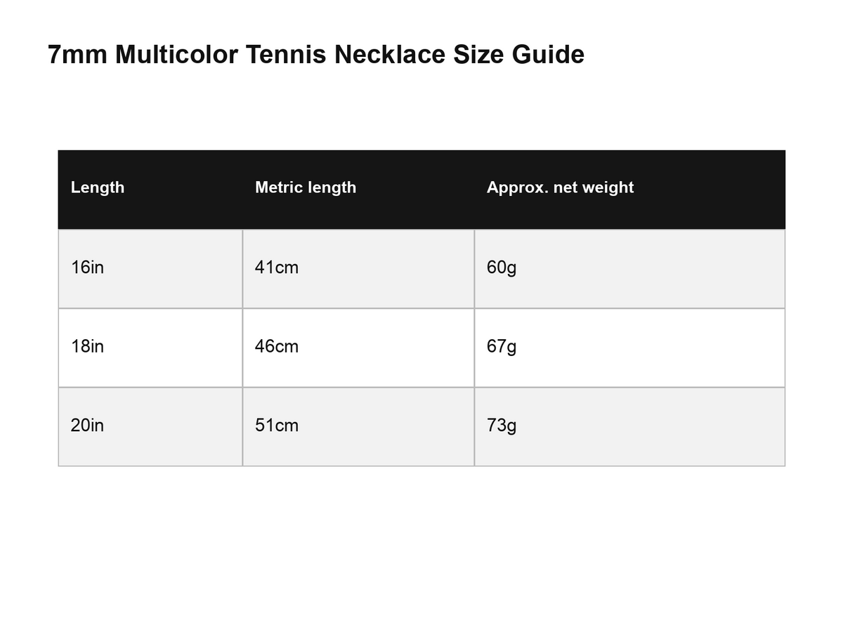 English size guide for the multicolor tennis necklace
