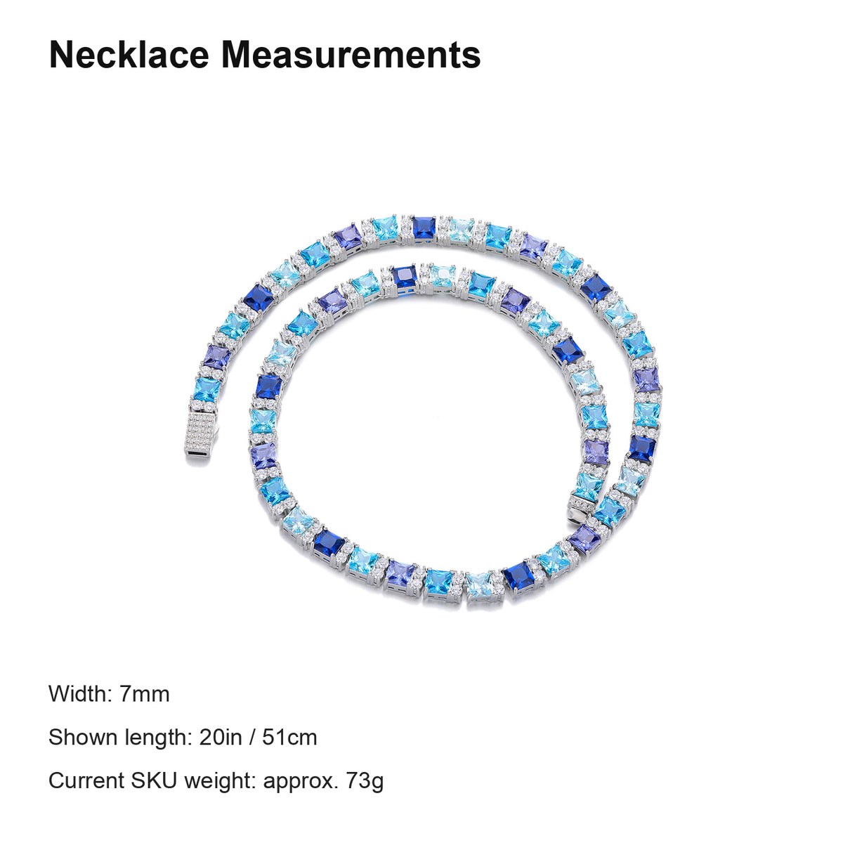 Silver-tone multicolor tennis necklace with English measurement details
