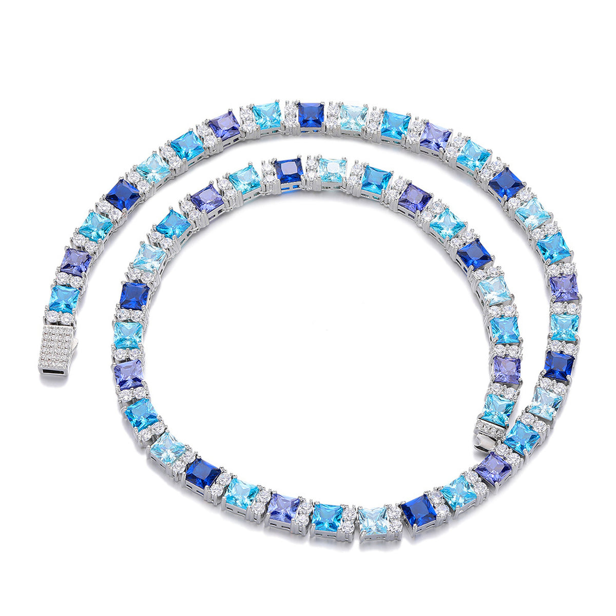 Silver-tone multicolor square-cut tennis necklace on white