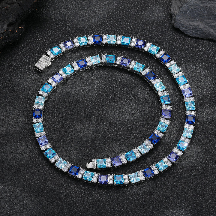 Multicolor square-cut tennis necklace arranged on black
