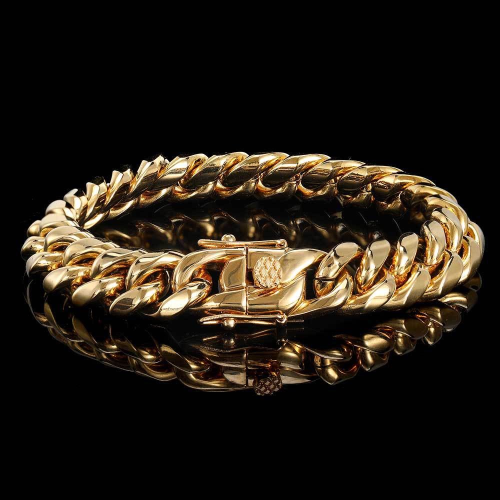 Gold Miami Cuban link bracelet product detail on black