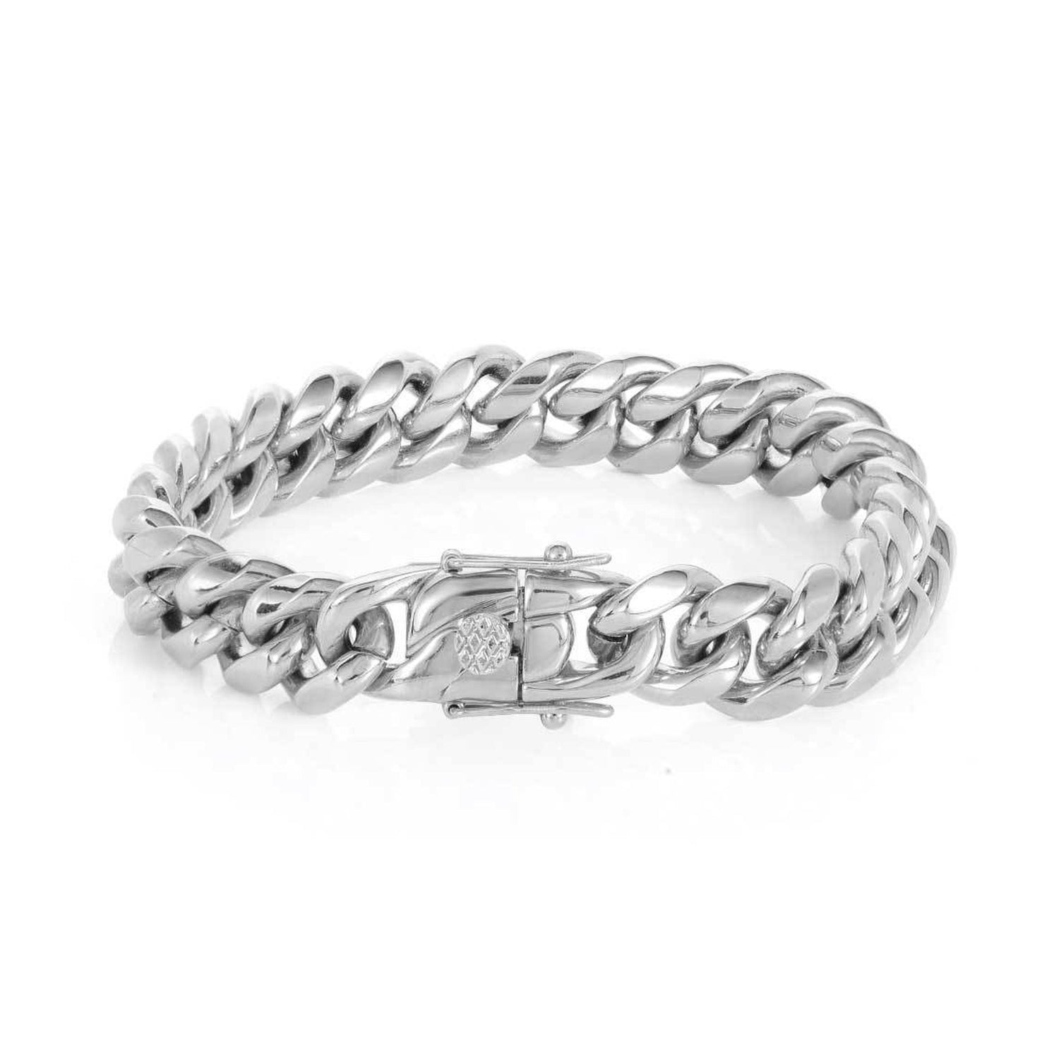 Steel Miami Cuban link bracelet clasp and link detail on white