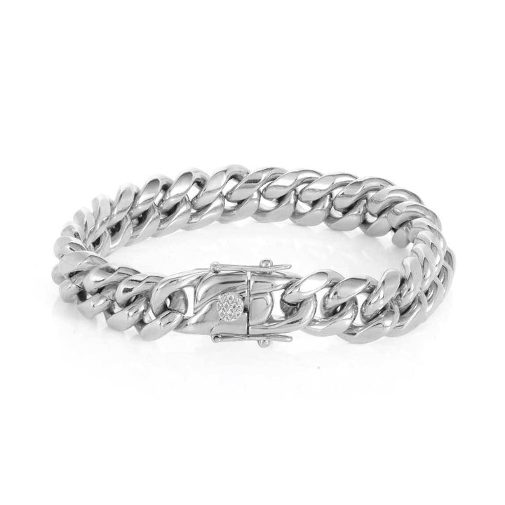 Steel Miami Cuban link bracelet clasp and link detail on white