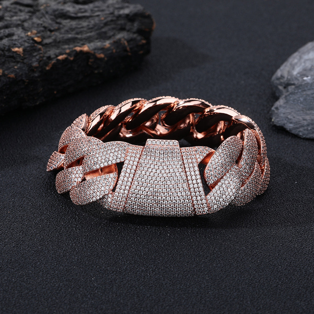 Rose Gold iced Bubble Cuban link bracelet on black stone