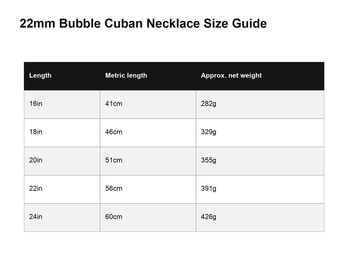 English size guide for the iced Bubble Cuban link necklace