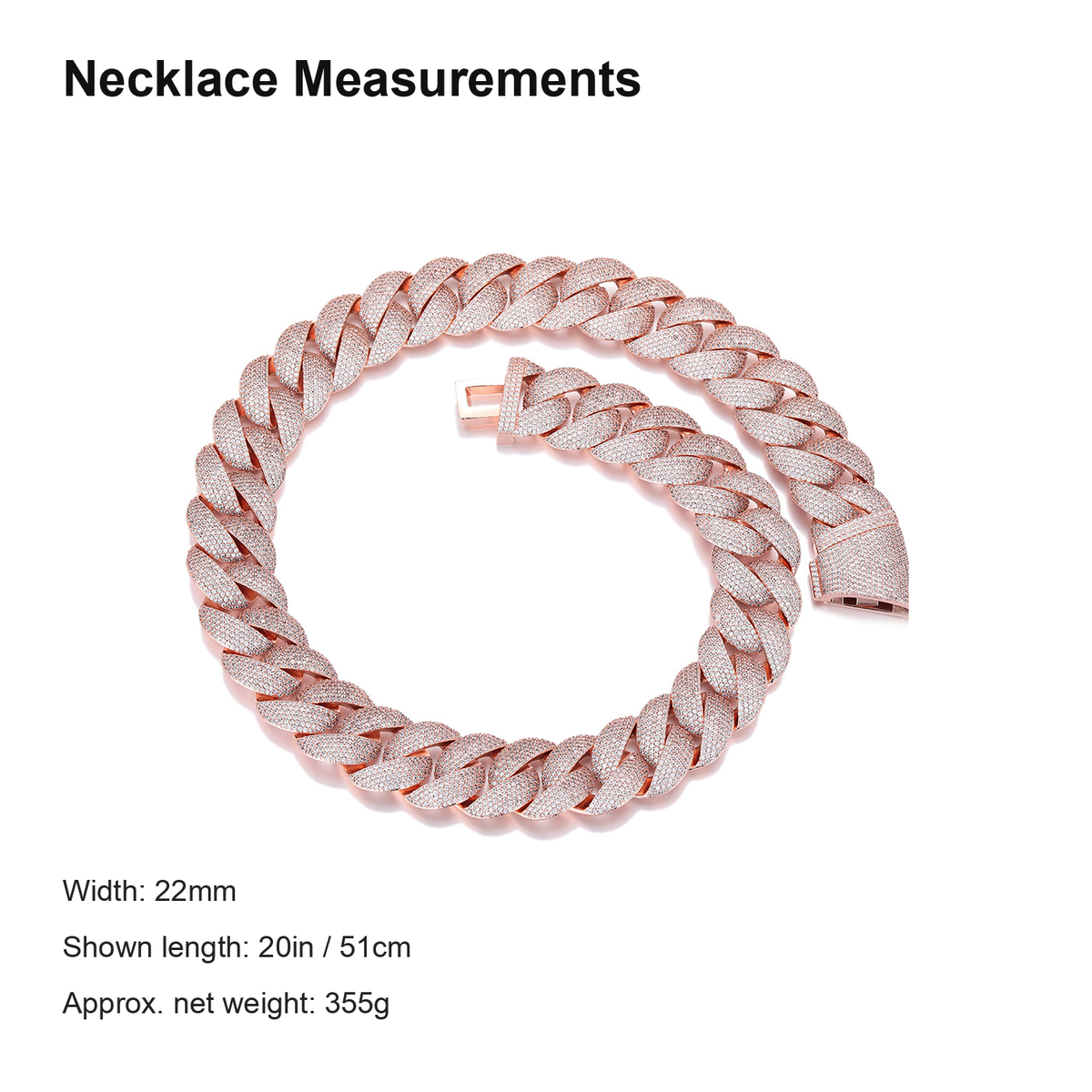Rose Gold iced Bubble Cuban necklace with English measurement callouts