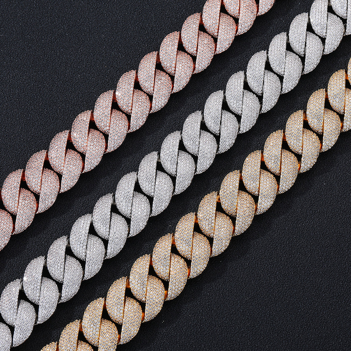 Close-up of Rose Gold Silver and Gold iced Cuban necklace links