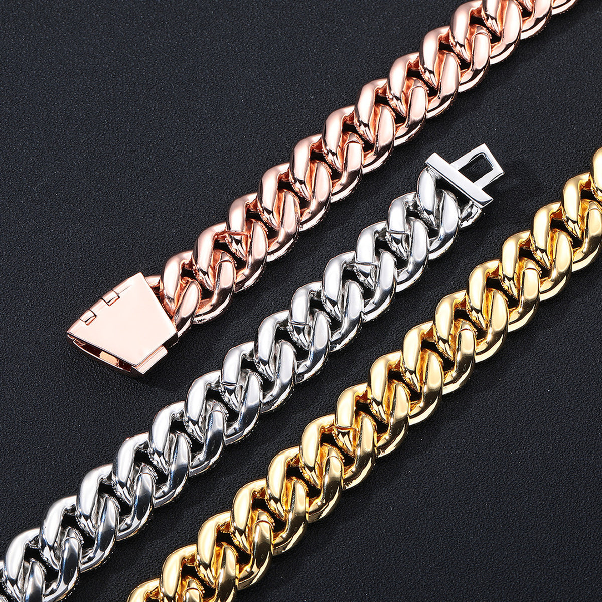 Back and clasp view of three iced Cuban necklace finishes