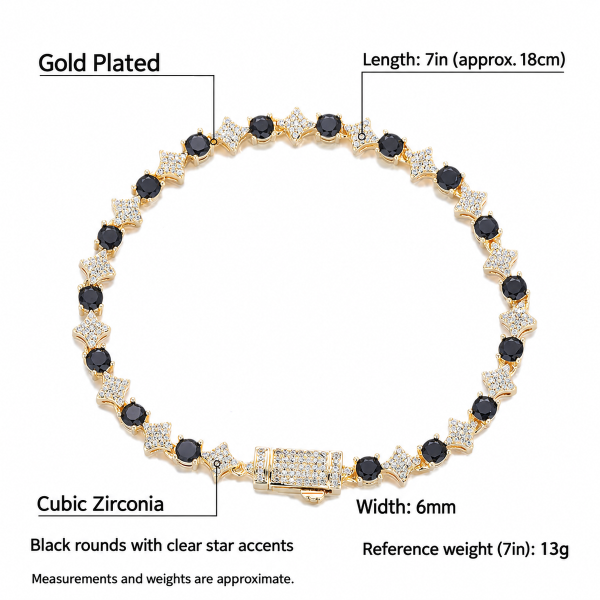English diagram of the Gold bracelet showing 6mm width and the 7in reference length and weight
